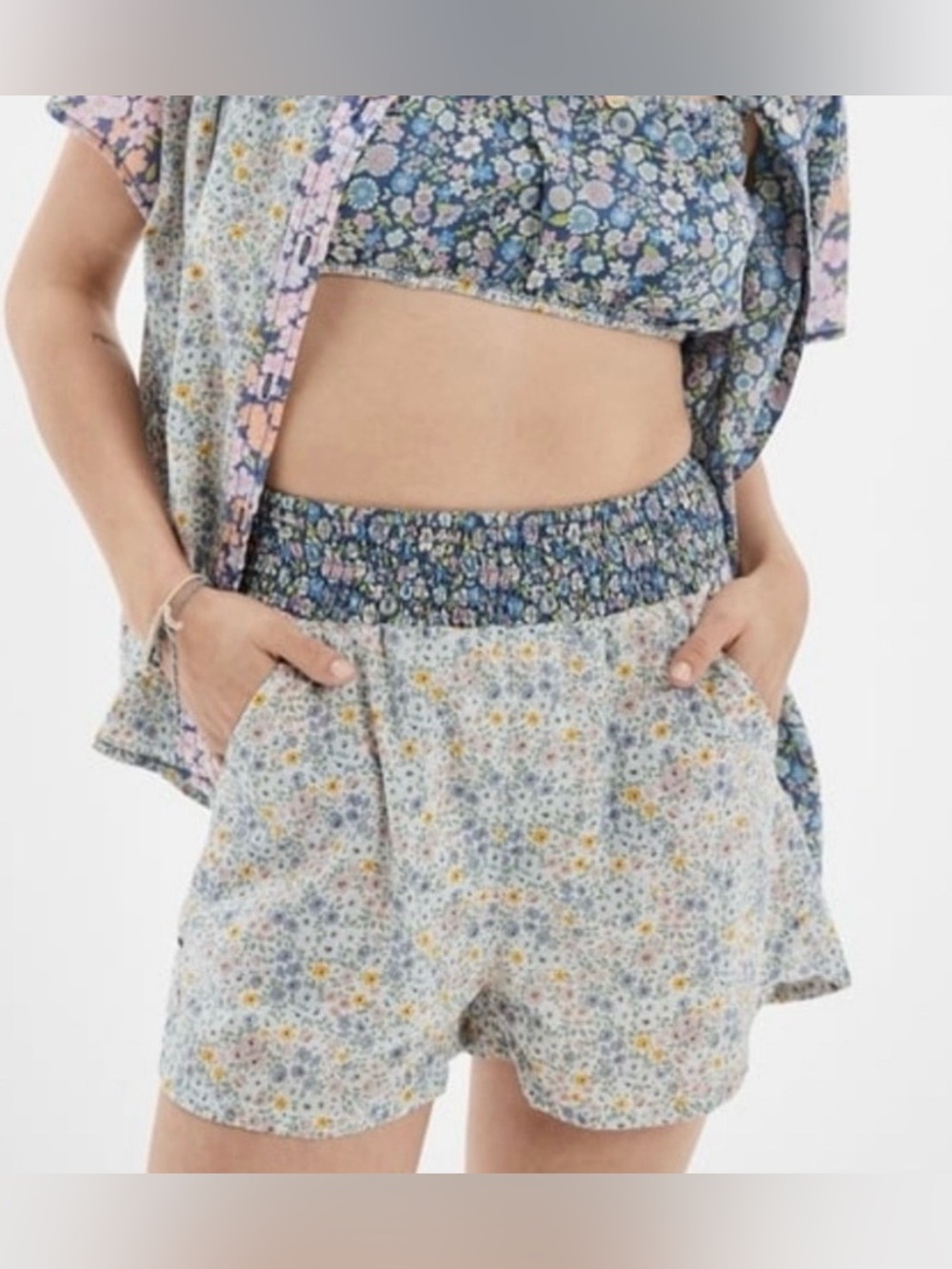 American Eagle Outfitters Floral Resort High-Waist Shorts in Light Blue and Navy - Picture 2 of 12
